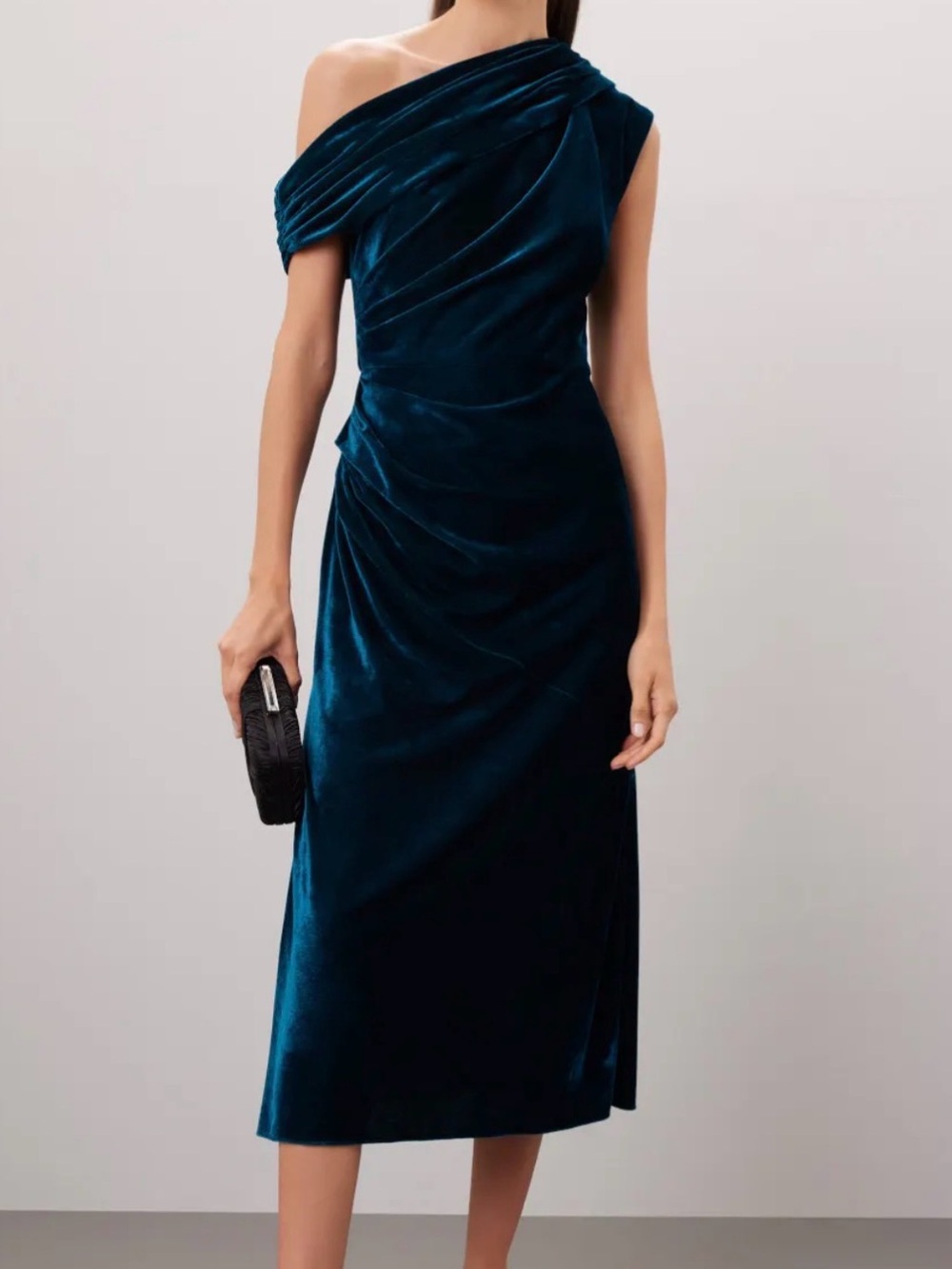 Shoshanna Grover One-Shoulder Velvet Midi Dress in Deep Teal